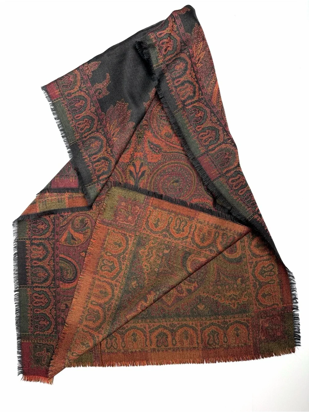 Bohemian Paisley Pashmina Scarf Reversible Earth-tone Brown and Black Wool (?)